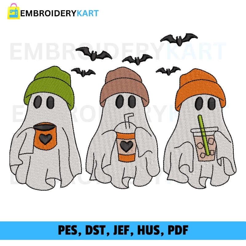 3 ghost with coffee cup embroidery design