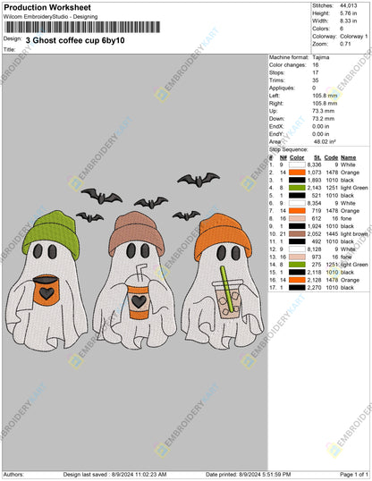 3 Ghost Coffee Halloween Embroidery file