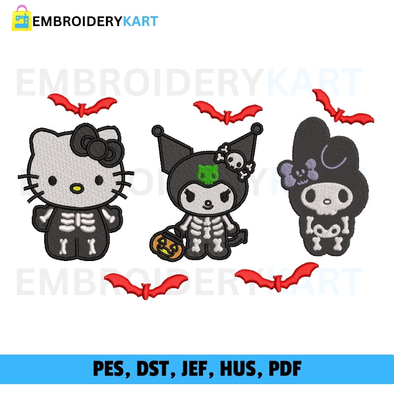 3 Hello Kitty Skeleton Halloween Embroidery file