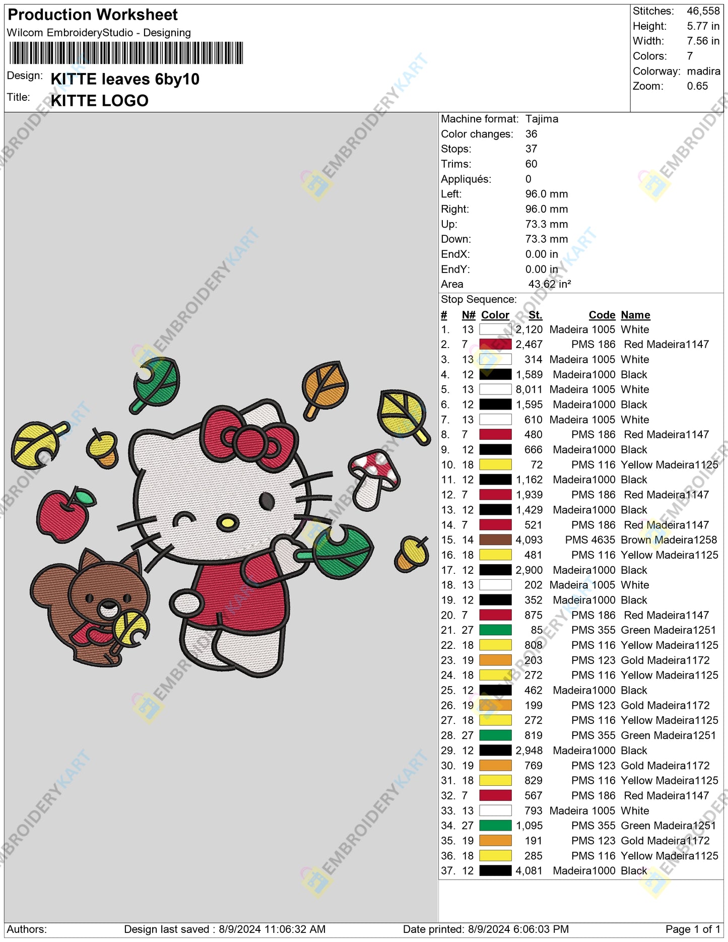 Hello kitty with leaves Halloween Embroidery file