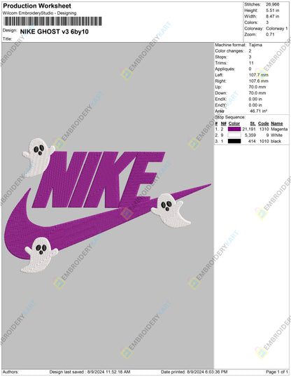 NIKE GHOST Halloween Embroidery file