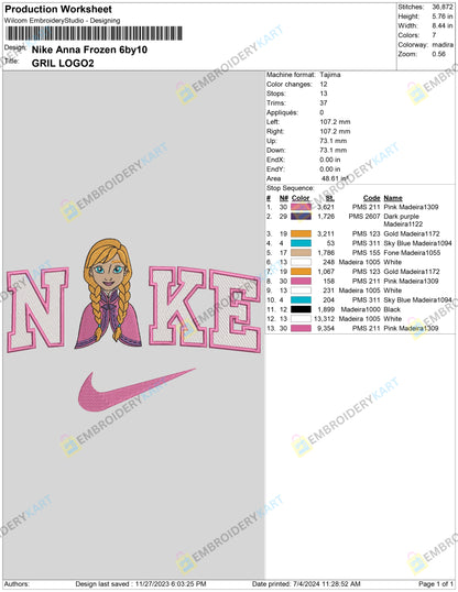 Nike Anna frozen Embroidery File