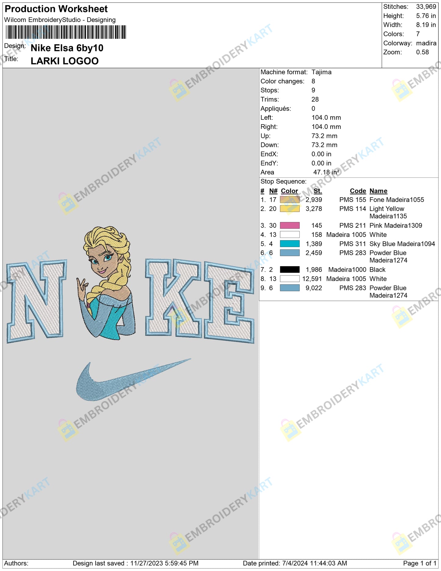 Nike X Elsa Disney Embroidery File