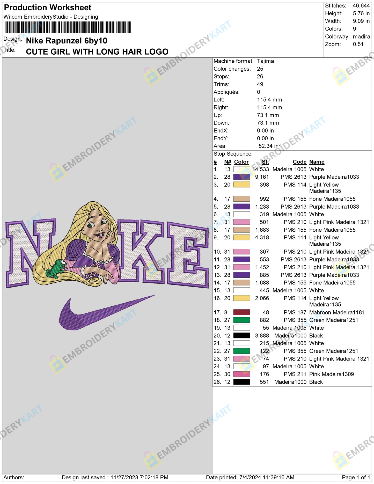 Nike Princess Rapunzel Embroidery Design