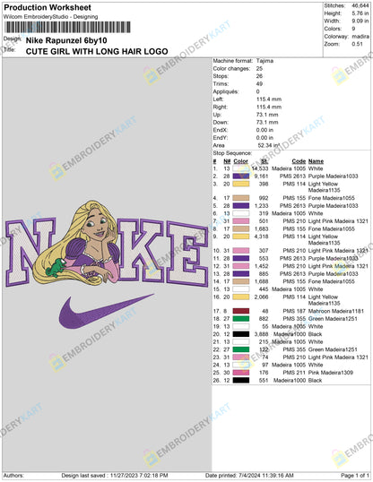 Nike Princess Rapunzel Embroidery Design