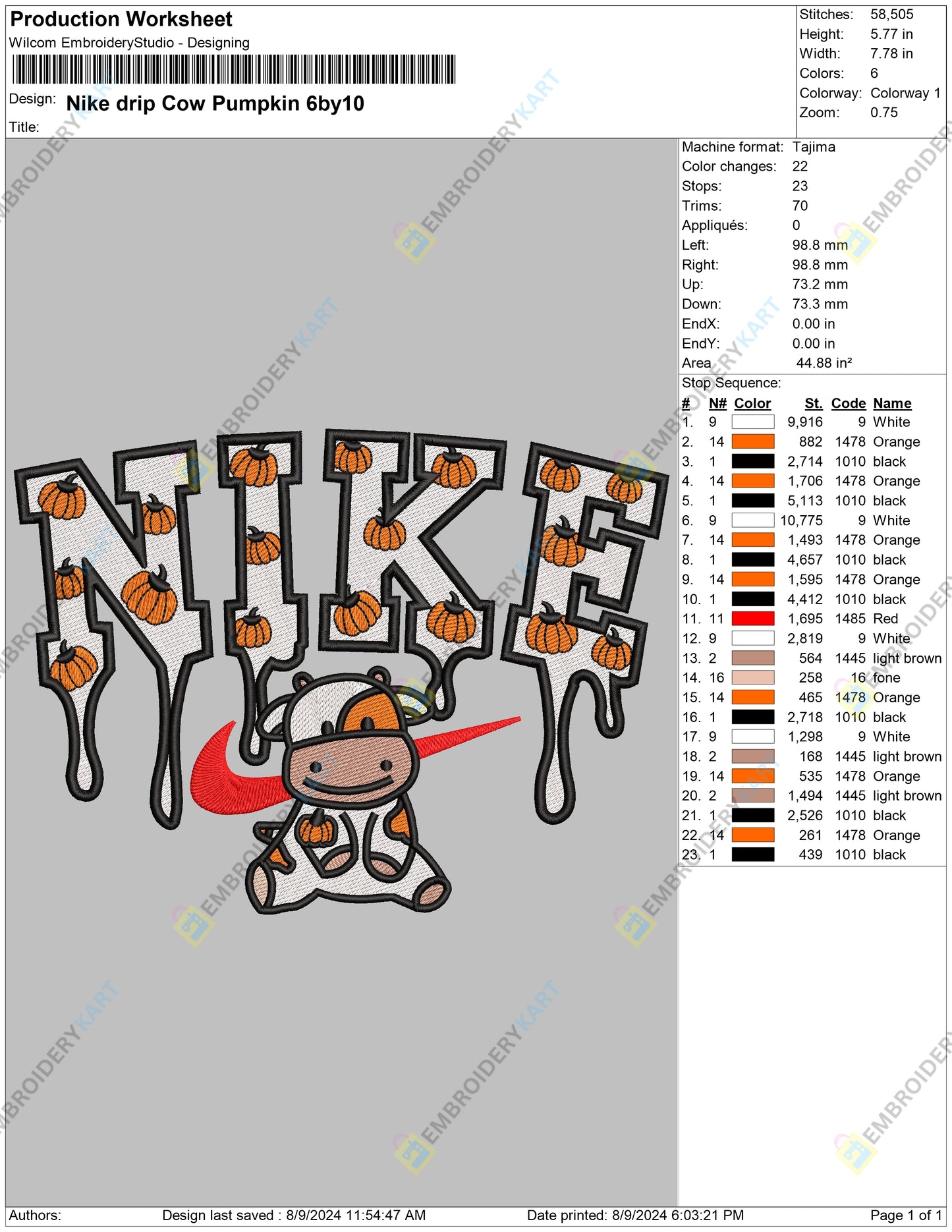 Nike drip Cow Pumpkin Halloween Embroidery file