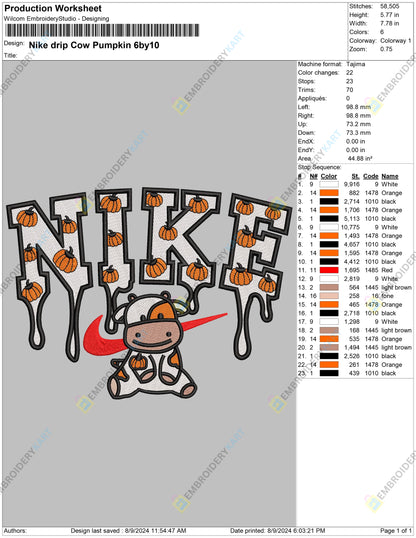 Nike drip Cow Pumpkin Halloween Embroidery file