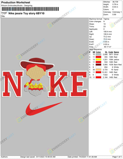 Nike Woody X Nike Jessie Toy Story Embroidery Design