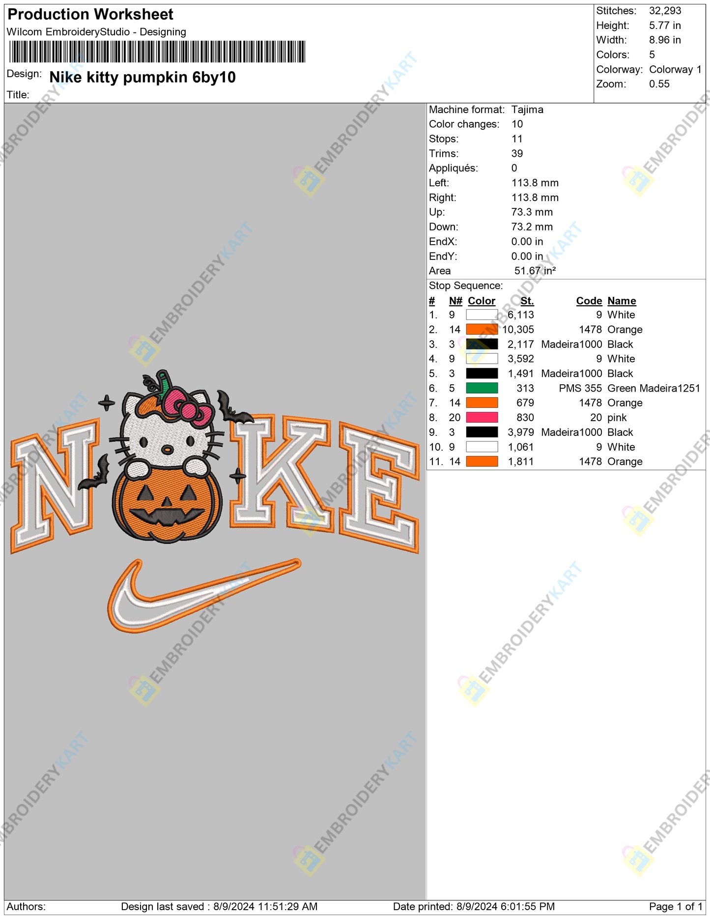 Nike kitty pumpkin Halloween Embroidery file