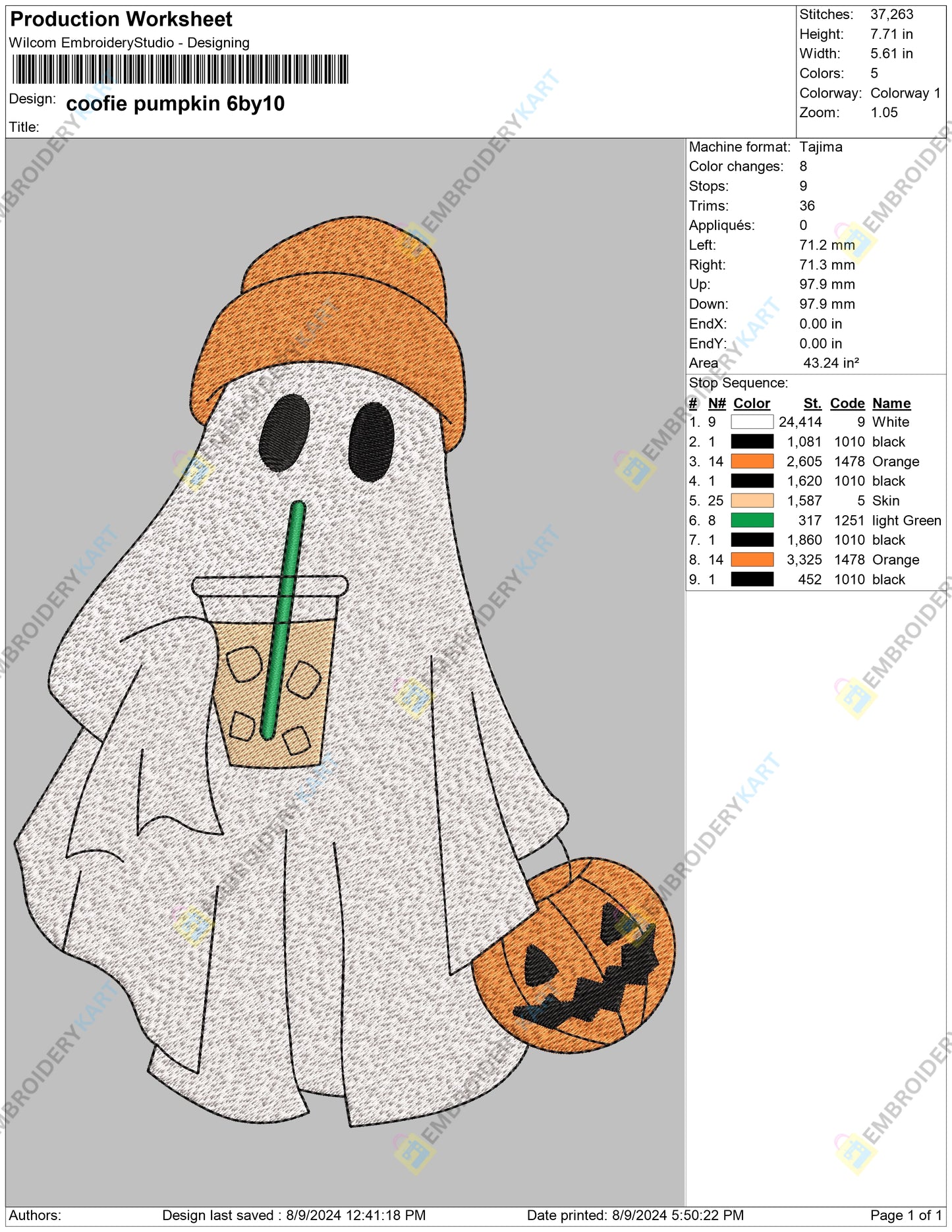 Ghost with Iced Coffee Halloween Embroidery file