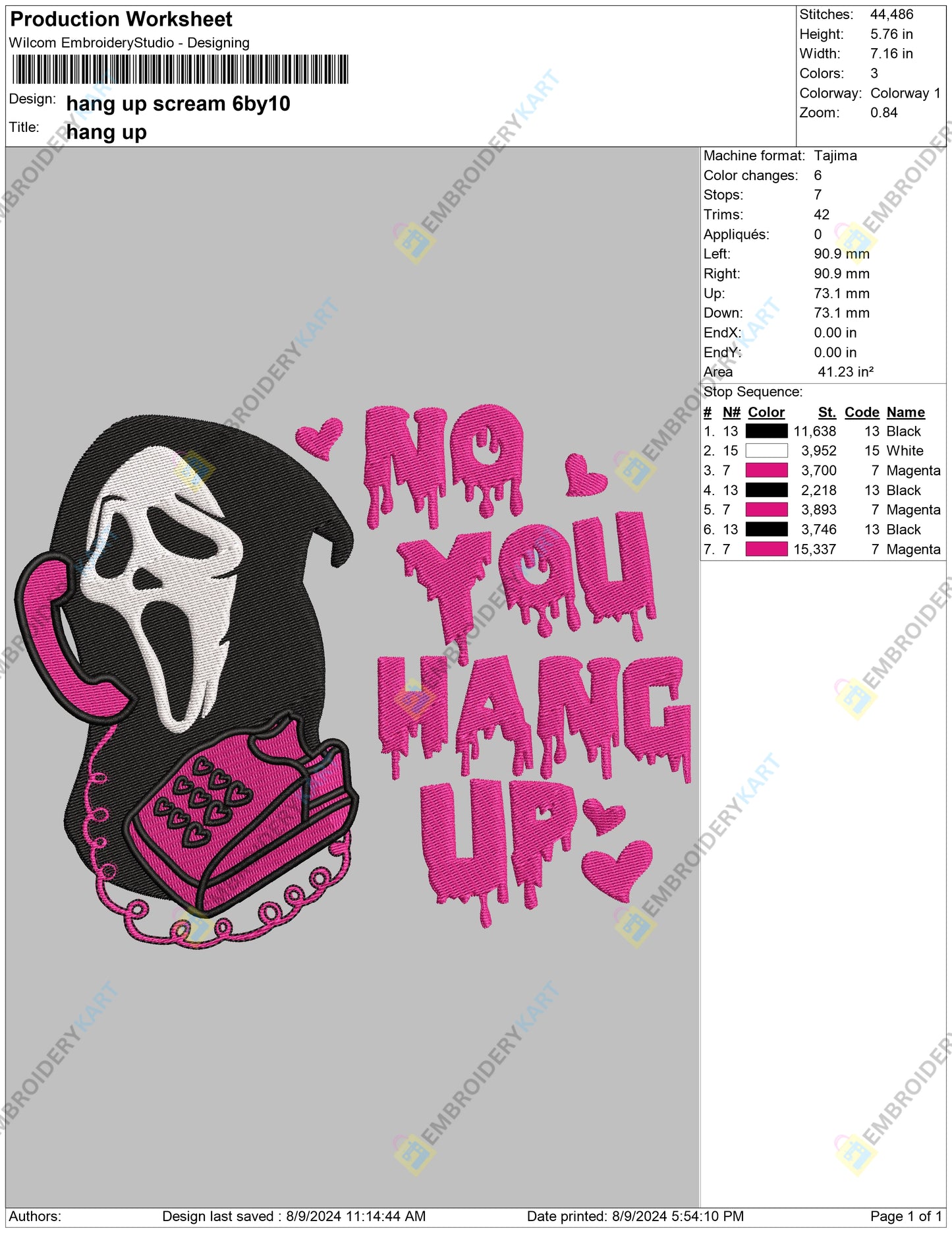 Ghost face Phone Call Embroidery file