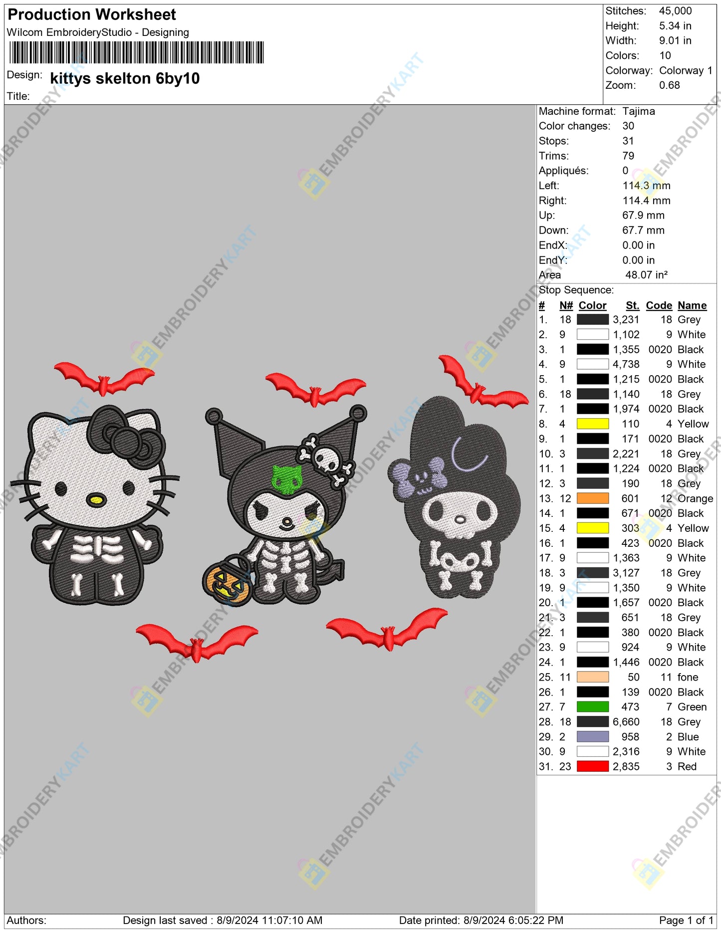 3 Hello Kitty Skeleton Halloween Embroidery file