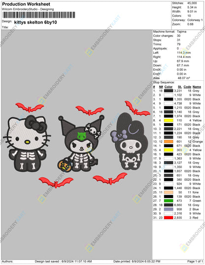 3 Hello Kitty Skeleton Halloween Embroidery file