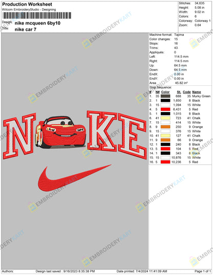 Nike X Lightning McQueen Embroidery Design