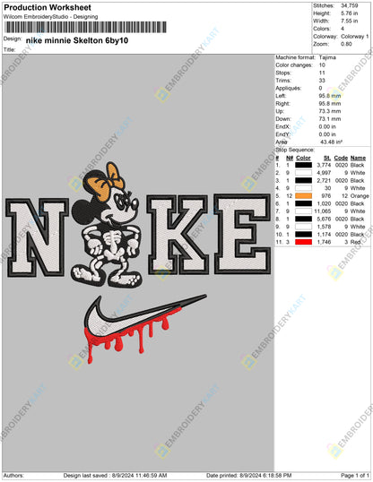 Nike Minnie Skelton Halloween Embroidery file