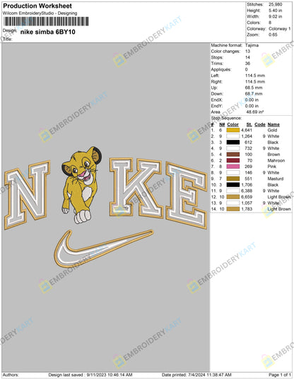 Nike Simba Embroidery Design