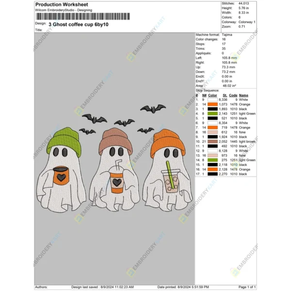 3 Ghost Coffee Halloween Embroidery file