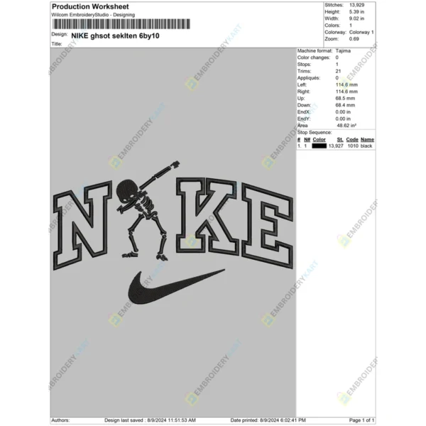 Nike skeleton Halloween Embroidery file