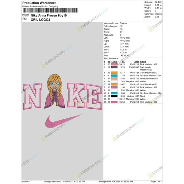 Nike Anna Frozen Embroidery File, Anna and Kristoff