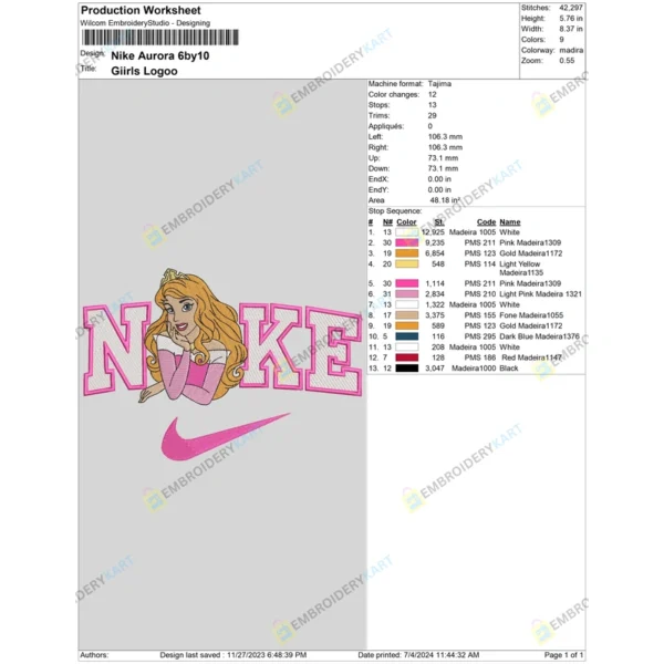 Nike Princess Aurora Embroidery File