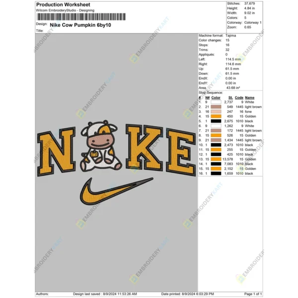 Nike Cow Pumpkin Halloween Embroidery file