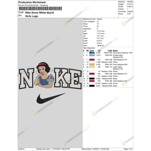 Nike Snow White Embroidery File