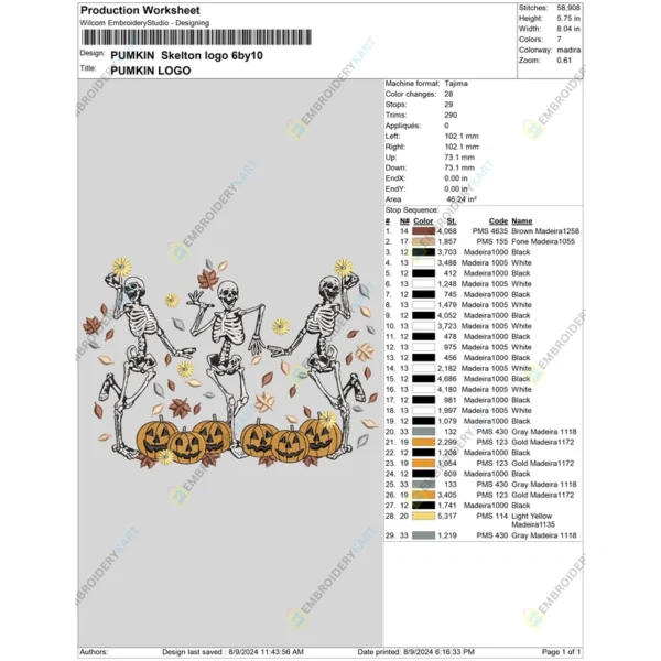 Skelton Fall leaves Halloween Embroidery file