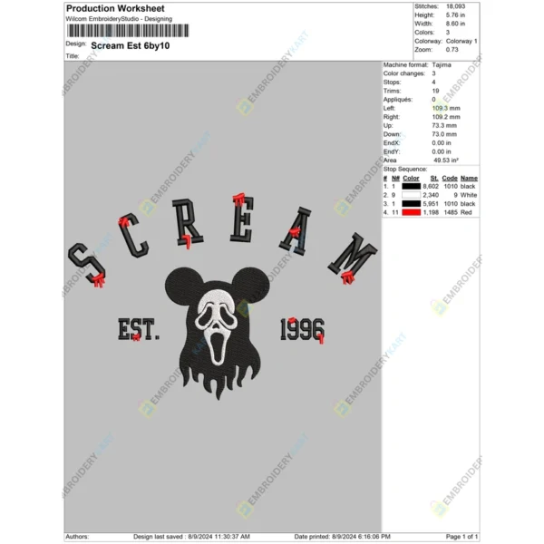 Ghost Face Mickey scream Embroidery