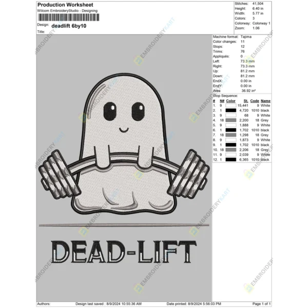 Ghost Dead Lift Halloween Embroidery file