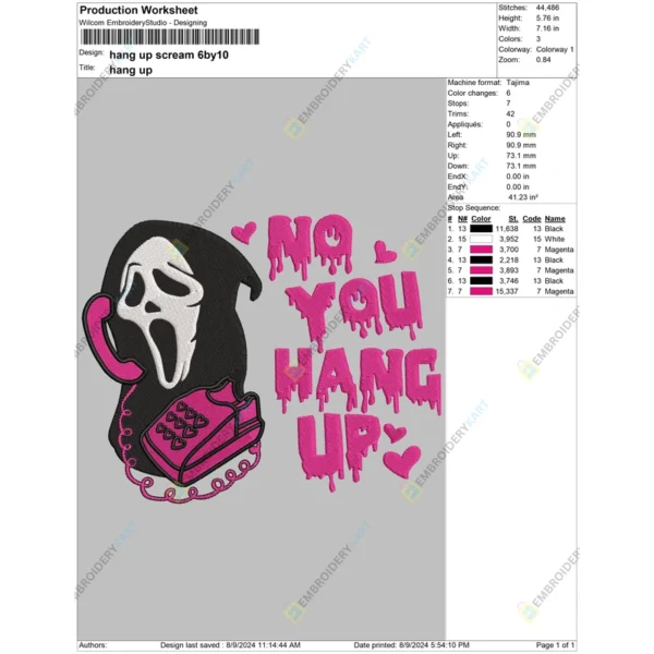 Ghost face Phone Call Embroidery file