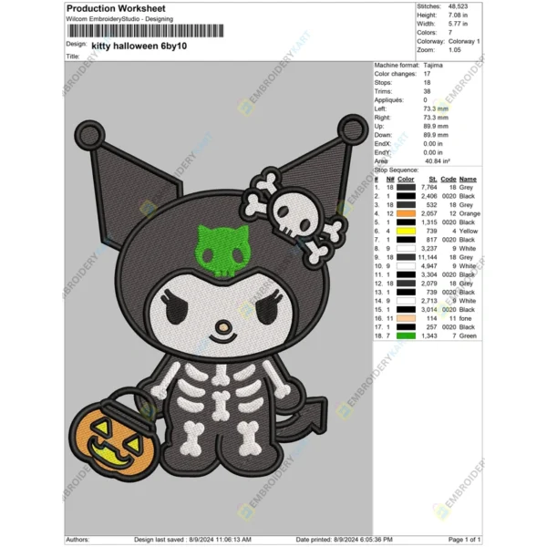 Hello Kitty skeleton Kuromi Embroidery file