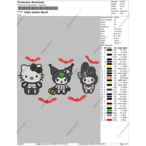 3 Hello Kitty Skeleton Halloween Embroidery file