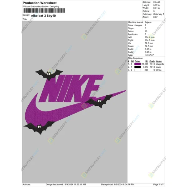 Nike 3 Bat Halloween Embroidery file